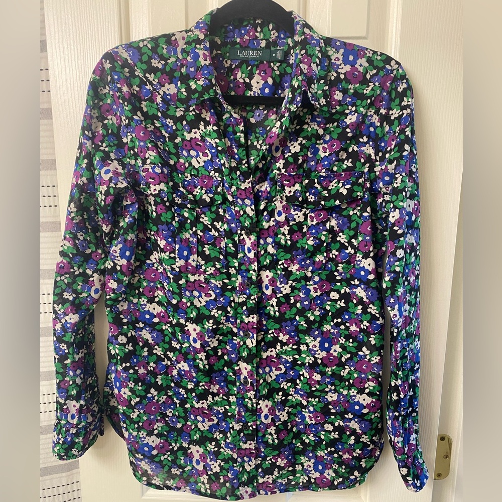 Lauren Ralph Lauren Floral Button-Up Long Sleeve Blouse 100% Cotton Size Medium